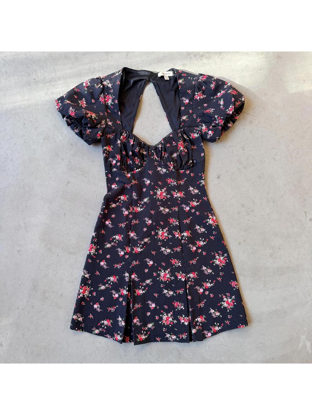 Francesca's Puff Sleeve Black Floral SweetHeart Dress Women Size S